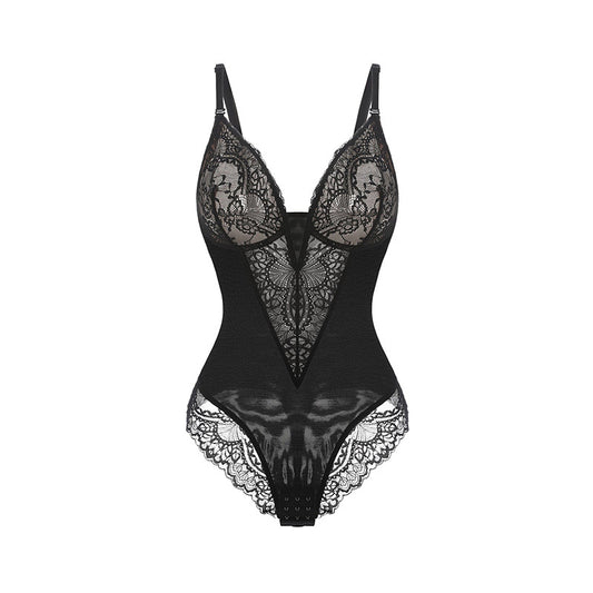 Lace Sleeveless V-Neck Tummy Control Backless Thong Bodysuit